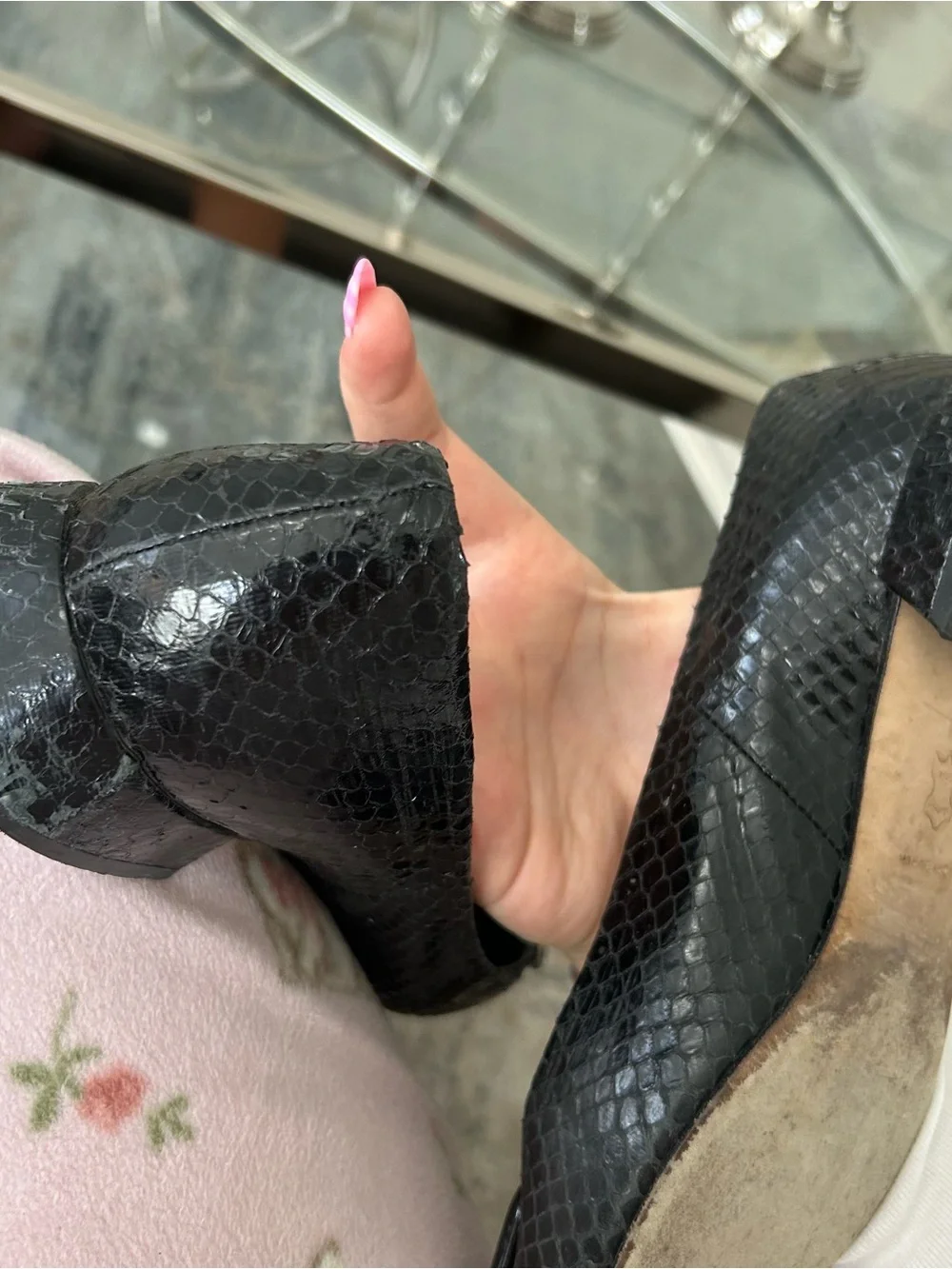 Tory Burch Black Pointed Snake-Embossed Leather Flats with Gold Plaque